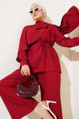 Pazarium - Pelerin Detaylı Tunik İkili Takım Bordo