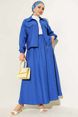 Pazarium - Fermuarlı Cep Kapaklı Etekli İkili Takım Saks