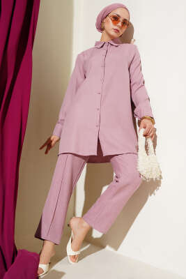 Pazarium - Top Düğmeli Keten İkili Takım Pudra