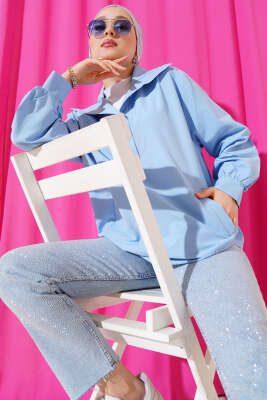 Pazarium - V Yaka Cepli Tunik Mavi