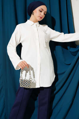 Pazarium - Önü İncili Kabartma Çizgili Gömlek Beyaz