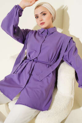Pazarium - İp Kuşaklı Omuz Pelerinli Gömlek Mor