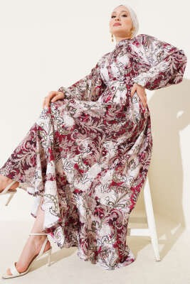 Pazarium - Etnik Desenli Kuşaklı Saten Elbise Bordo