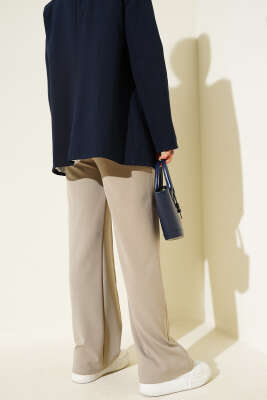 Bel Lastikli Çımalı Pantolon Bej - Thumbnail