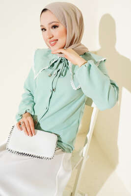 Pazarium - Güpürlü Denizci Yaka Kısa Gömlek Çağla Yeşili