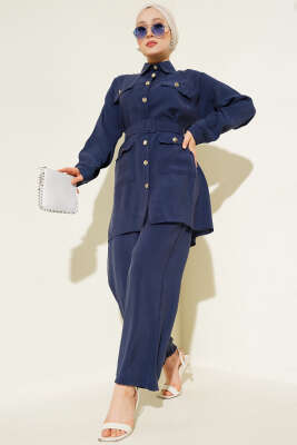 Pazarium - Metal Düğmeli Kemerli İkili Takım Lacivert