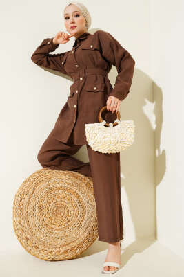 Pazarium - Metal Düğmeli Kemerli İkili Takım Kahve