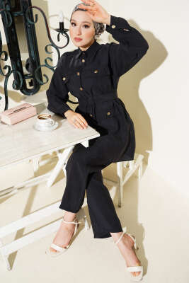 Pazarium - Metal Düğmeli Kemerli İkili Takım Siyah