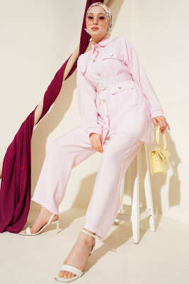 Pazarium - Metal Düğmeli Kemerli İkili Takım Pembe