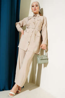 Pazarium - Metal Düğmeli Kemerli İkili Takım Bej