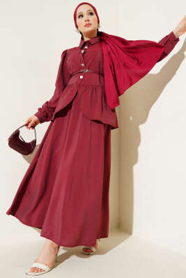 Pazarium - Kare Düğmeli Kemerli Etekli Takım Bordo