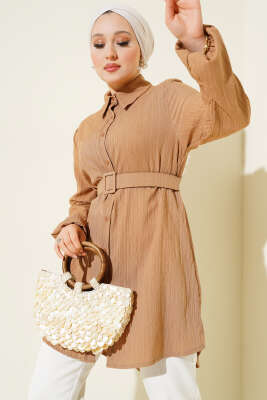 Pazarium - Kemerli Krinkıl Gömlek Latte