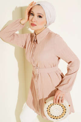 Pazarium - Kemerli Krinkıl Gömlek Bej