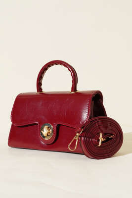 Gold Kilitli Rugan Çanta Bordo - Thumbnail