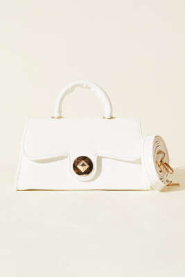 Gold Kilitli Rugan Çanta Beyaz - Thumbnail