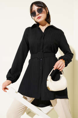 Pazarium - Kemerli Krinkıl Gömlek Siyah