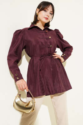 Gold Düğmeli İp Kuşaklı Gömlek Bordo - Thumbnail