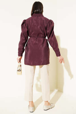 Gold Düğmeli İp Kuşaklı Gömlek Bordo - Thumbnail