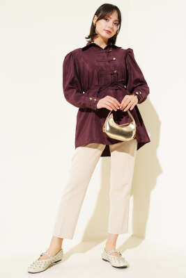 Gold Düğmeli İp Kuşaklı Gömlek Bordo - Thumbnail