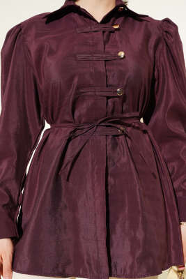 Gold Düğmeli İp Kuşaklı Gömlek Bordo - Thumbnail