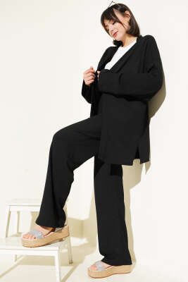 Pazarium - Düşük Omuz Bürümcük Kimono İkili Takım Siyah