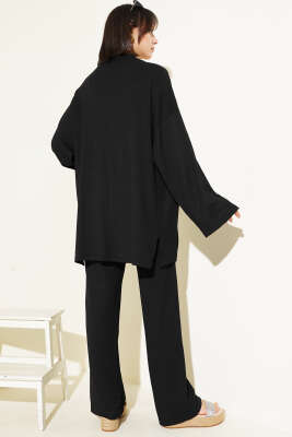 Düşük Omuz Bürümcük Kimono İkili Takım Siyah - Thumbnail