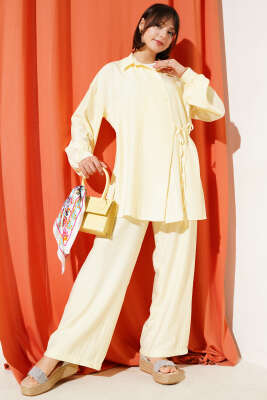 Pazarium - Çapraz Düğmeli Bağlamalı Tunik İkili Takım Sarı