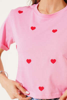 Küçük Kalp Nakışlı Crop Pembe - Thumbnail