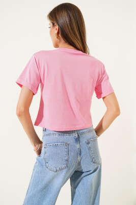 Küçük Kalp Nakışlı Crop Pembe - Thumbnail