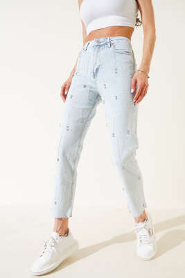 Pazarium - Yağmur Taşlı Kesik Paça Kot Pantolon Buz Mavisi