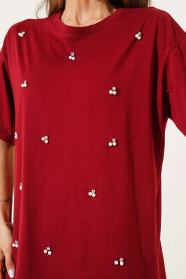 İnci Taşlı T-shirt Bordo - Thumbnail