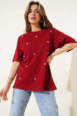 İnci Taşlı T-shirt Bordo - Thumbnail