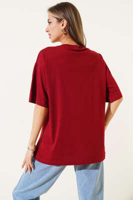 İnci Taşlı T-shirt Bordo - Thumbnail