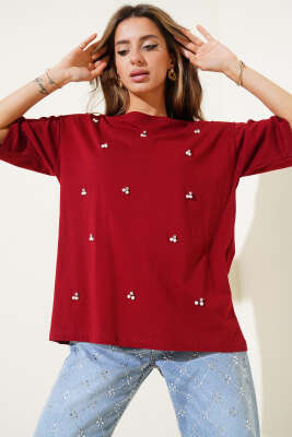İnci Taşlı T-shirt Bordo - Thumbnail