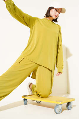 Pazarium - Asimetrik Kesim Sandy Tunik İkili Takım Yağ Yeşili