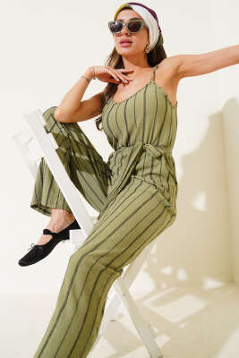 Çizgili Bürümcük İp Askılı Tulum Çağla Yeşili - Thumbnail