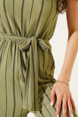 Çizgili Bürümcük İp Askılı Tulum Çağla Yeşili - Thumbnail