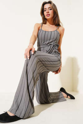 Pazarium - Çizgili Bürümcük İp Askılı Tulum Gri