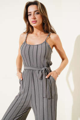 Çizgili Bürümcük İp Askılı Tulum Gri - Thumbnail