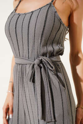 Çizgili Bürümcük İp Askılı Tulum Gri - Thumbnail