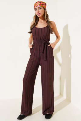 Pazarium - Çizgili Bürümcük İp Askılı Tulum Kahve