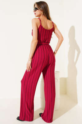 Çizgili Bürümcük İp Askılı Tulum Mürdüm - Thumbnail