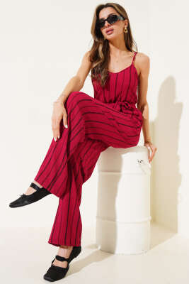 Çizgili Bürümcük İp Askılı Tulum Mürdüm - Thumbnail