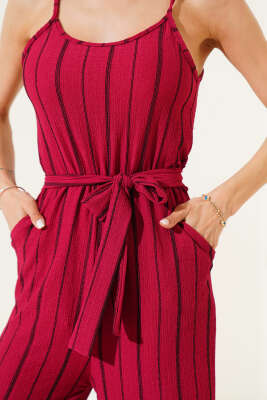 Çizgili Bürümcük İp Askılı Tulum Mürdüm - Thumbnail