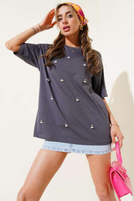 Pazarium - İnci Taşlı T-shirt Füme