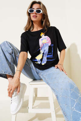 Pazarium - Horizons Ön ve Arka Baskılı T-Shirt Siyah