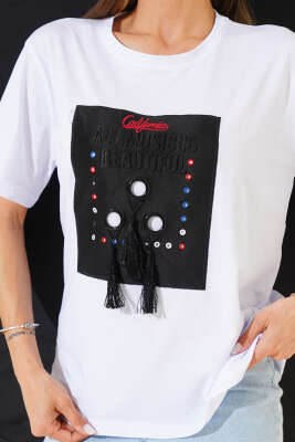 California Püsküllü T-shirt Beyaz - Thumbnail