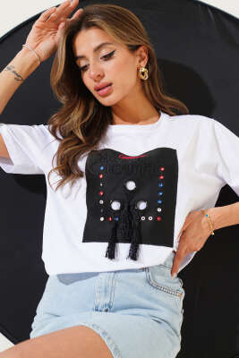 California Püsküllü T-shirt Beyaz - Thumbnail