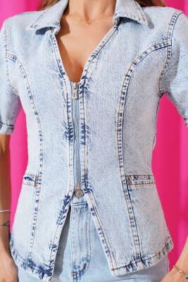 Önü Fermuarlı Kot Ceket Buz Mavisi - Thumbnail