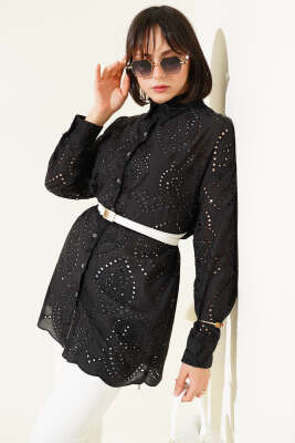 Pazarium - Uzun Kol Brode Gömlek Siyah